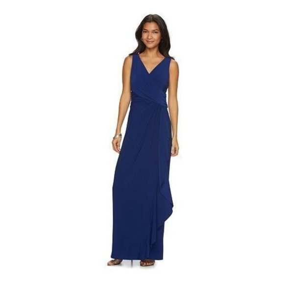 Chaps Dresses & Skirts - Chaps Navy Gathered Ruffle Faux Wrap Sleeveless Evening Maxi Dress Sz 14